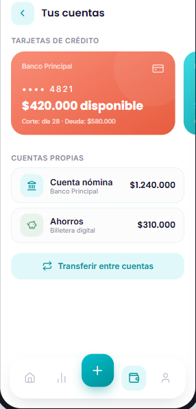 Pantalla de cuentas y tarjetas de crédito en Respira