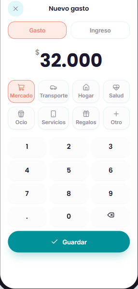 Pantalla de registro rápido de un gasto en Respira